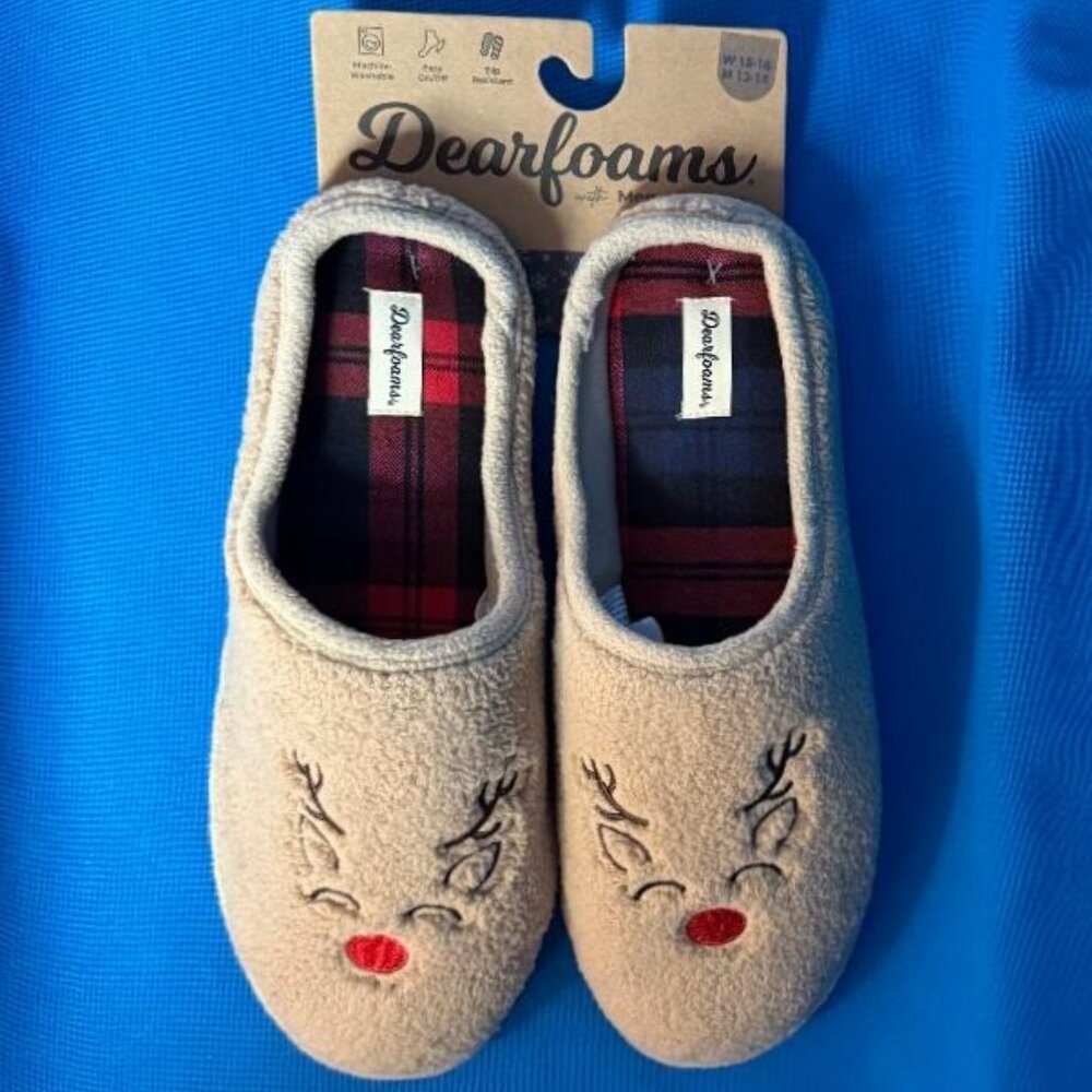 NEW $32 DEARFOAMS MEMORY FOAM SLIPPERS SIZE WOMENS 15 - 16 OR MENS 13 - 14 LATTE